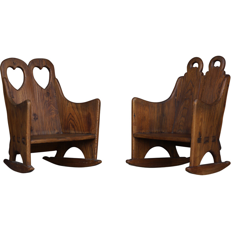 Pair of Scandinavian vintage elm wood childrens' rocking chairs