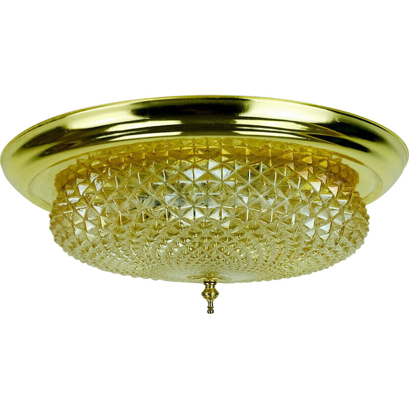 Mid century ceiling lamp in textured amber glass and brass, 1970s