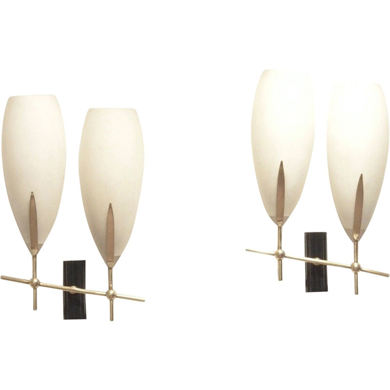 Pair of double bamboo brass and opaline glass wall lights - 1950s