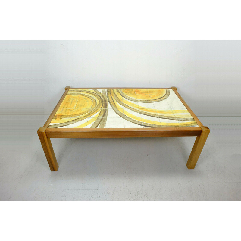 Table basse vintage avec plateau en carreaux de céramique et base en bois de cerisier par Belarti, 1960
