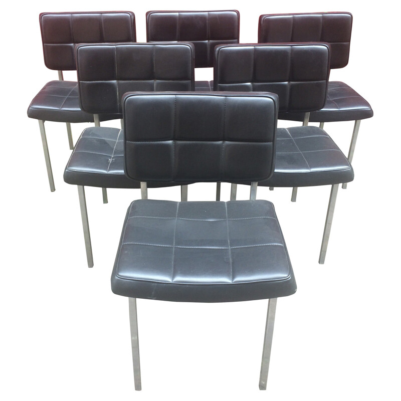 Suite of 6 chairs in black leatherette - 1960s