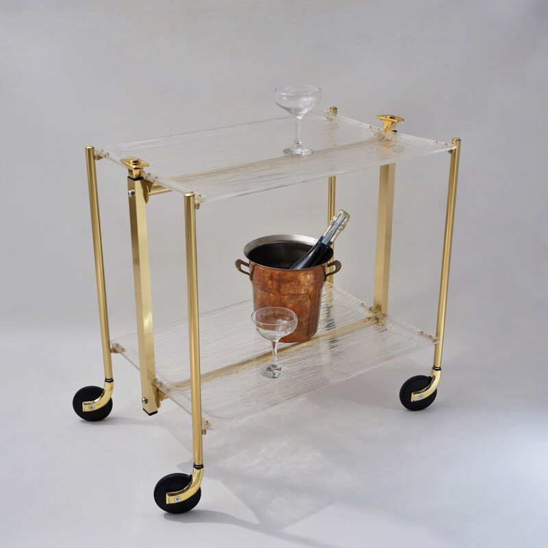 Vintage French foldable drinks trolley in acrylic and gilt metal by Platex, 1980