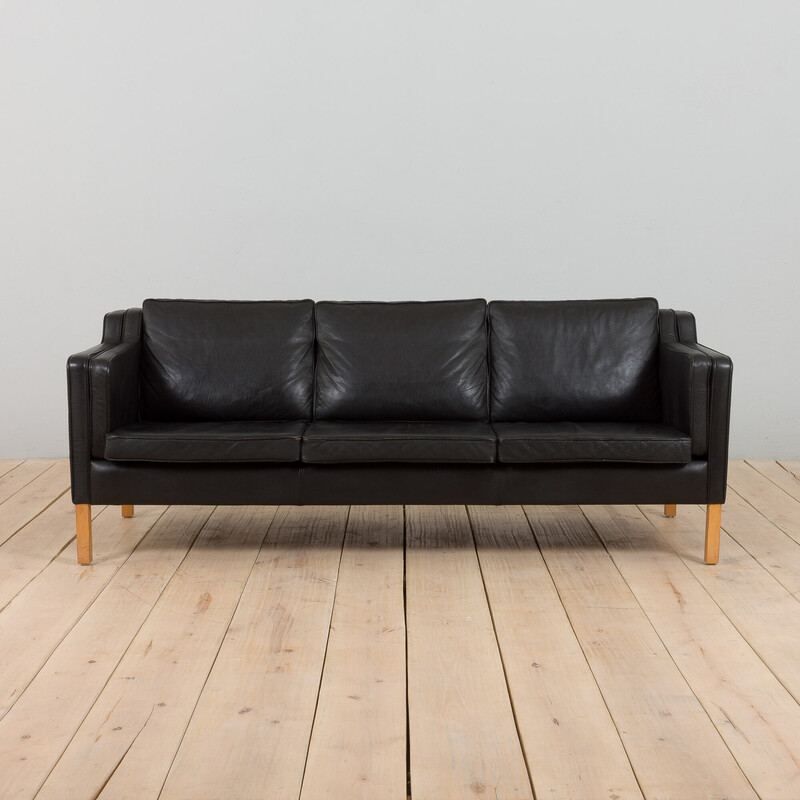 Vintage Danish three seater sofa in black leather by Mogens Hansen, 1970