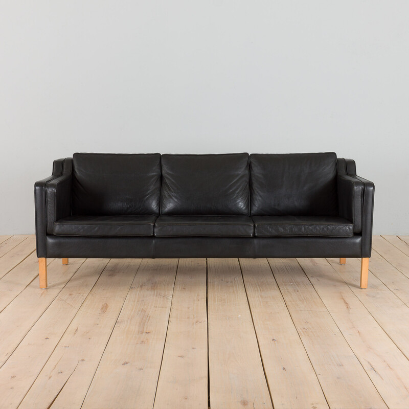 Vintage Danish three seater sofa in black leather by Mogens Hansen, 1970