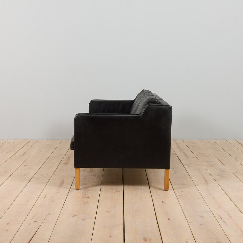 Vintage Danish three seater sofa in black leather by Mogens Hansen, 1970