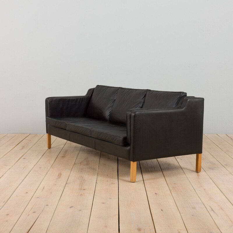 Vintage Danish three seater sofa in black leather by Mogens Hansen, 1970