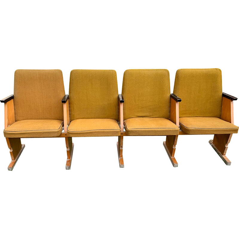 Vintage Hungarian cinema bench with 4 seats in ochre, 1950