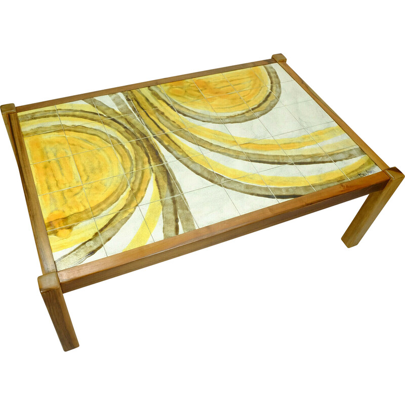 Vintage coffee table with ceramic tile top and cherry wood base by Belarti, 1960s