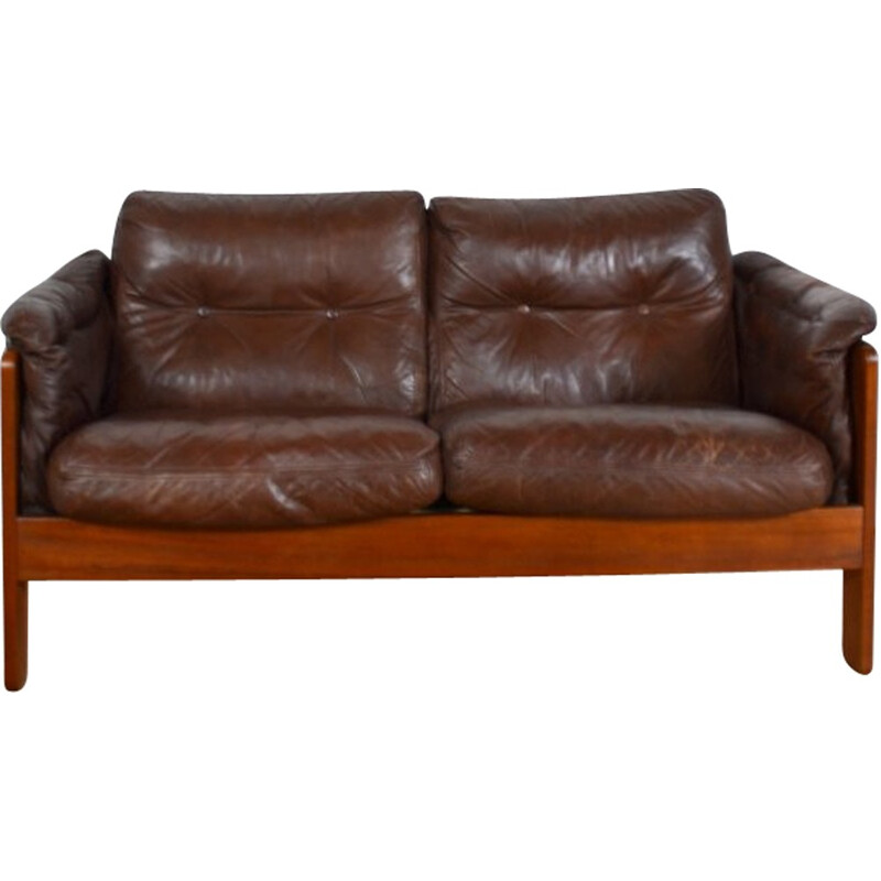 Danish two seater brown leather sofa - 1980s