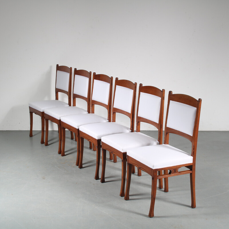 Set of 6 vintage oak wood dining chairs by Gerrit Willem Dijsselhof for Van Wisselingh, Netherlands 1900s