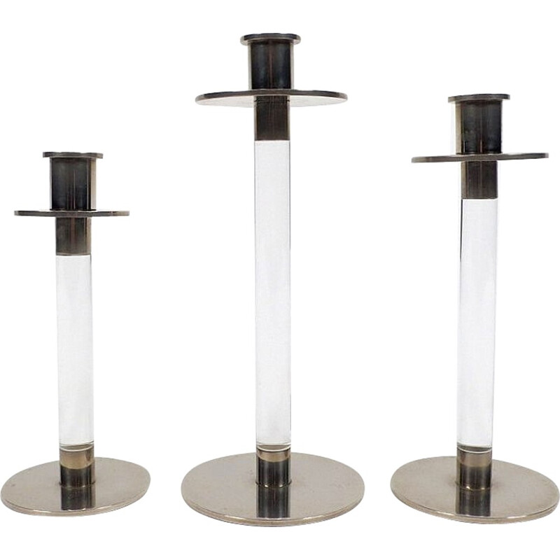 Set of 3 lucite and steel candle holders - 1970s