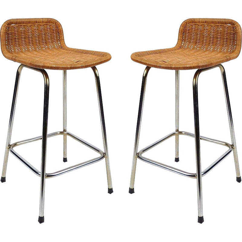 Pair of bar stools in rattan and metal - 1970s