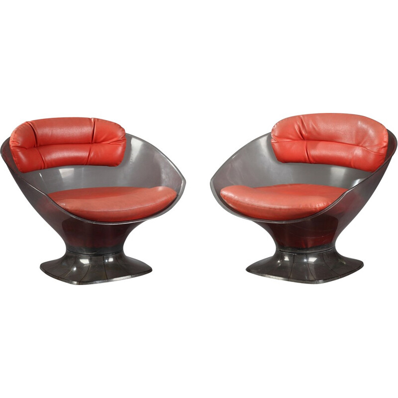 Pair of armchairs in plexiglass and red leather, Raphael RAFFEL - 1960s