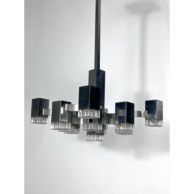 Vintage 13 lights chrome chandelier model Cubic by Sciolari, 1970s