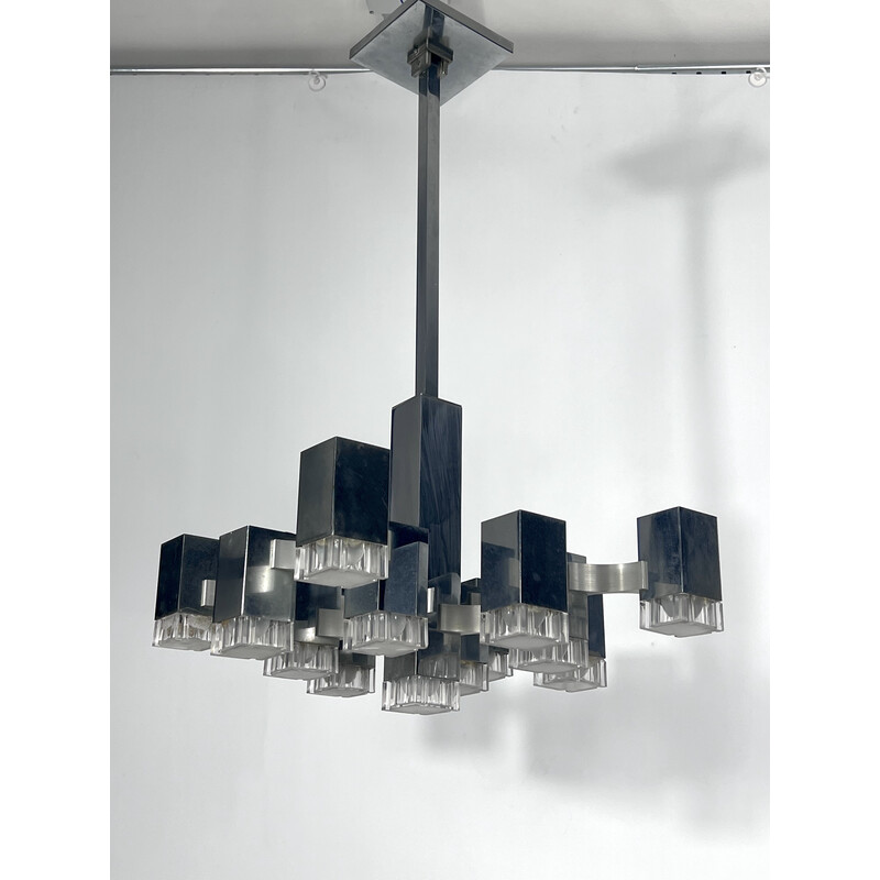 Vintage 13 lights chrome chandelier model Cubic by Sciolari, 1970s