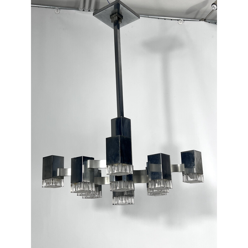 Vintage 13 lights chrome chandelier model Cubic by Sciolari, 1970s