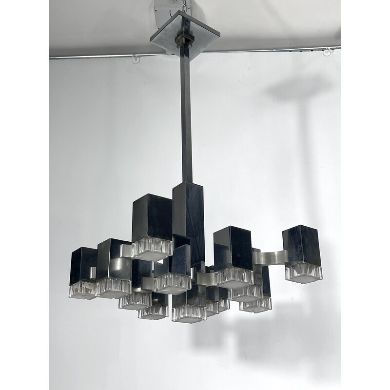Vintage 13 lights chrome chandelier model Cubic by Sciolari, 1970s