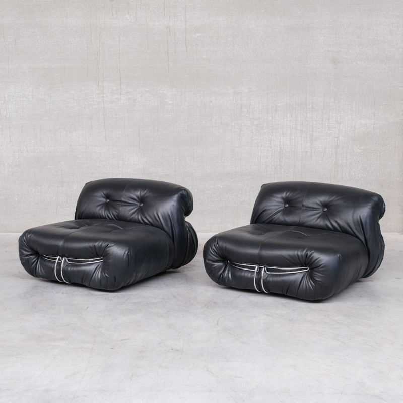 Pair of vintage leather Soriana armchairs by Afra and Tobia Scarpa for Cassina, Italy 1970s
