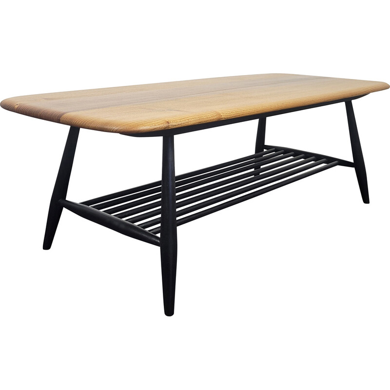 Mesa de centro vintage de madera de olmo con patas negras de Ercol, años 70