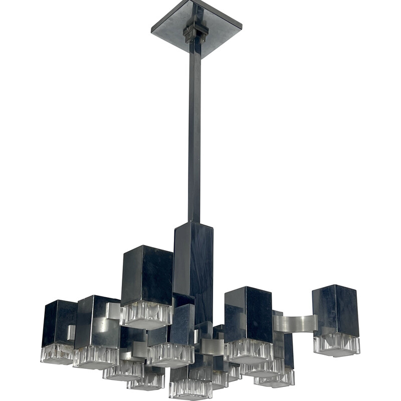 Vintage 13 lights chrome chandelier model Cubic by Sciolari, 1970s