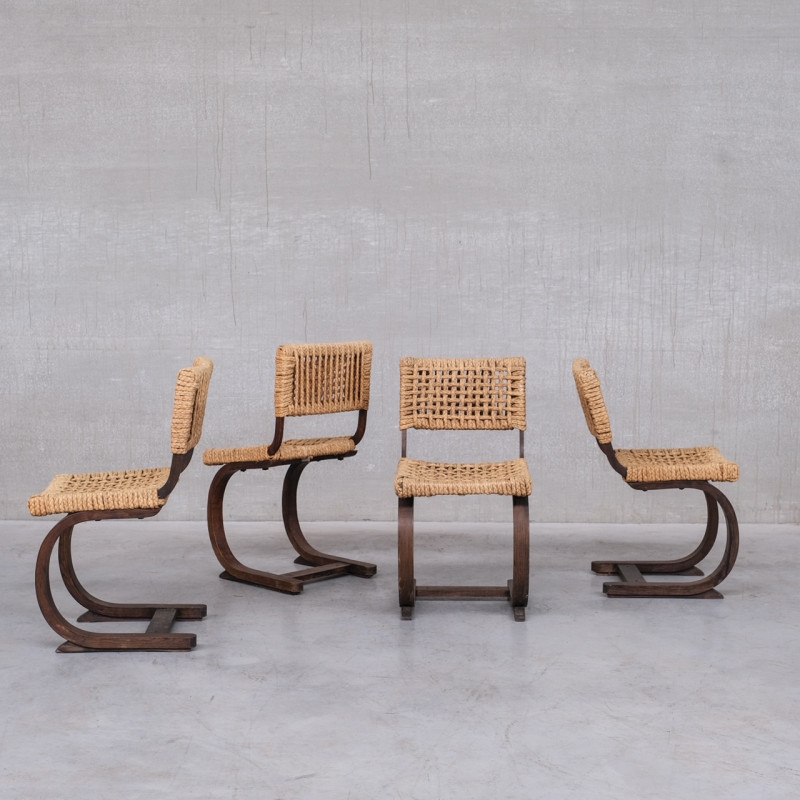 Ensemble de 4 chaises vintage en corde par Audoux-Minet, 1960