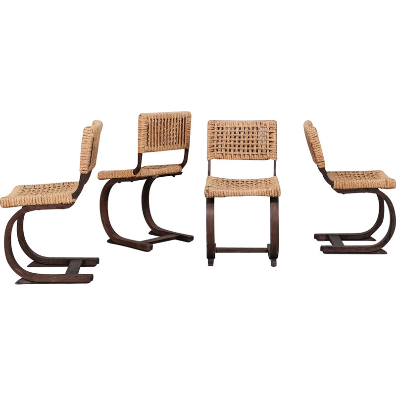 Ensemble de 4 chaises vintage en corde par Audoux-Minet, 1960