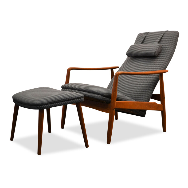 Fauteuil bleu SL Møbler en teck avec son ottoman, Søren LADEFOGED - 1960 