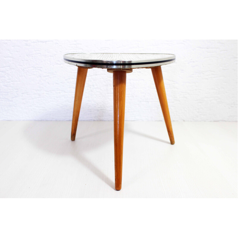 Vintage tripod pedestal table in vinyl and wood