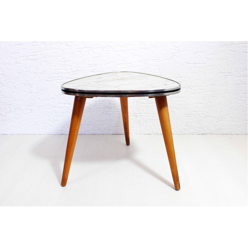 Vintage vinyl en houten driepoot tafel