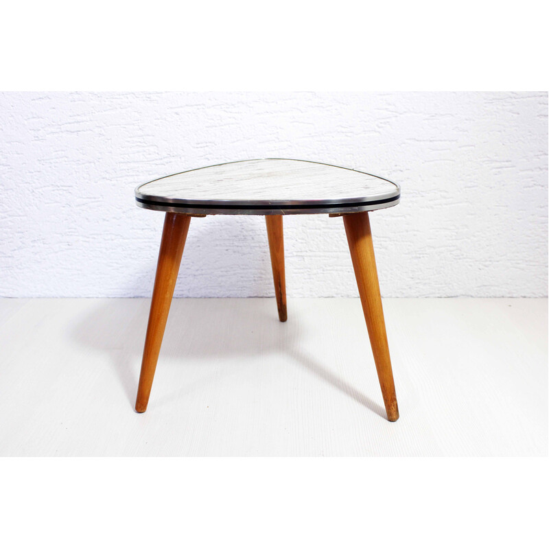 Vintage tripod pedestal table in vinyl and wood