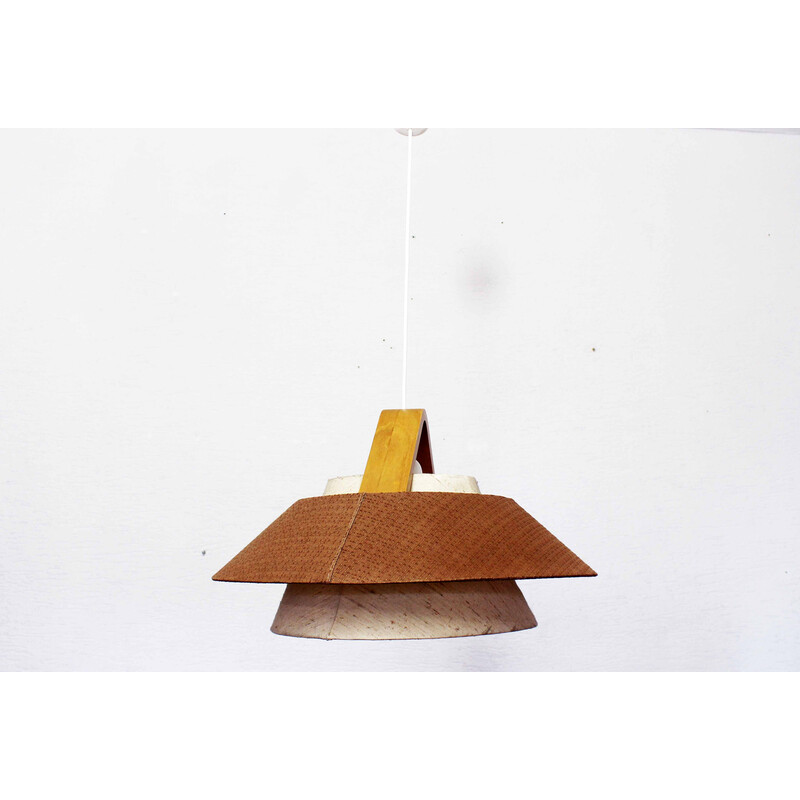 Lampada a sospensione scandinava vintage in compensato e tessuto, 1970