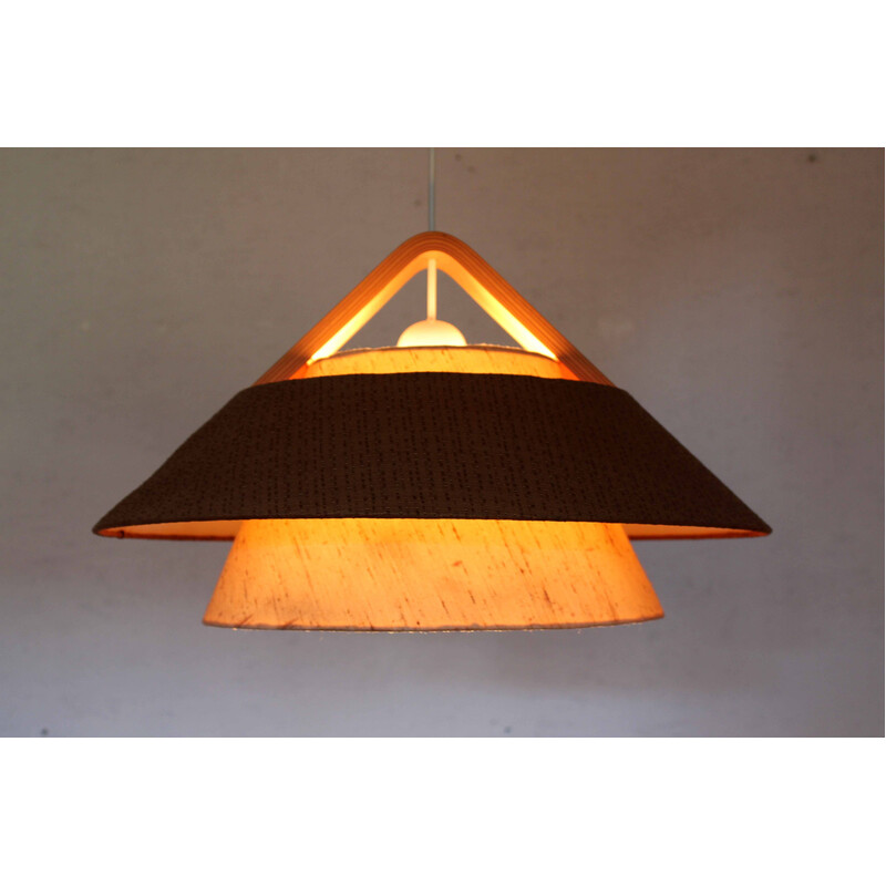 Lampada a sospensione scandinava vintage in compensato e tessuto, 1970