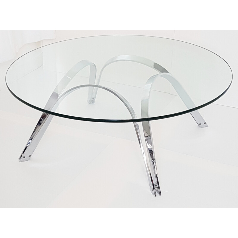 Table basse ronde Dunbar en acier chromé et en verre, Roger SPRUNGER - 1970