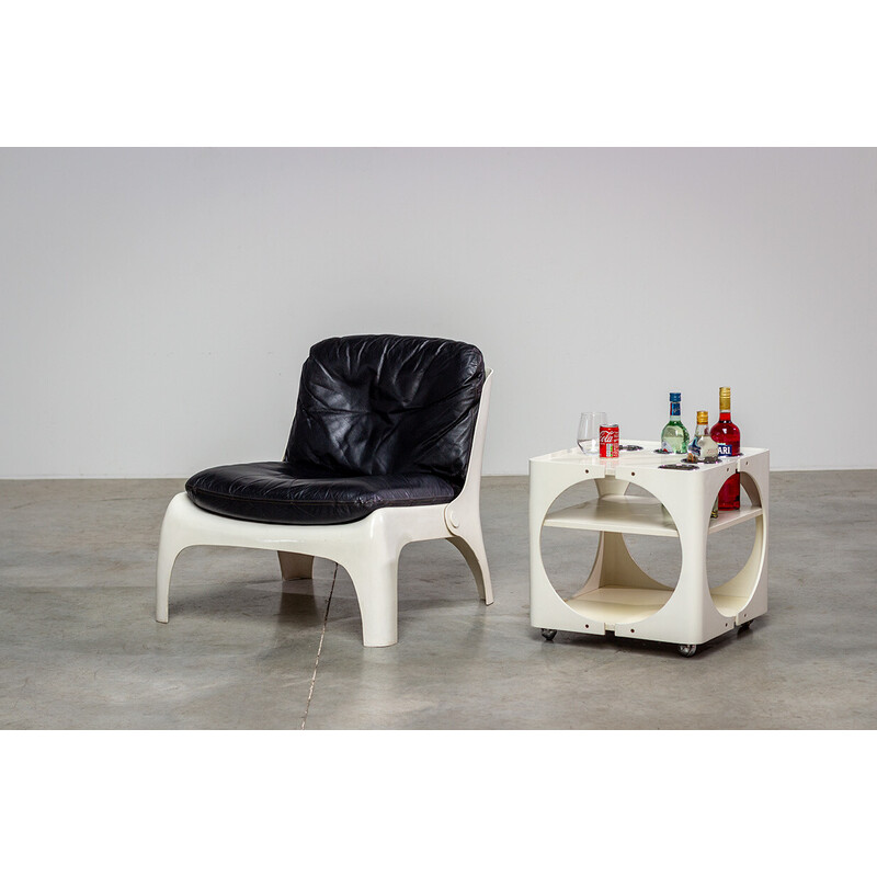 Vintage armchair in white fiberglass and leather, 1960