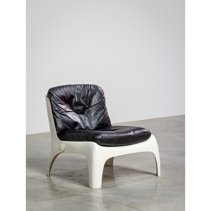 Vintage armchair in white fiberglass and leather, 1960