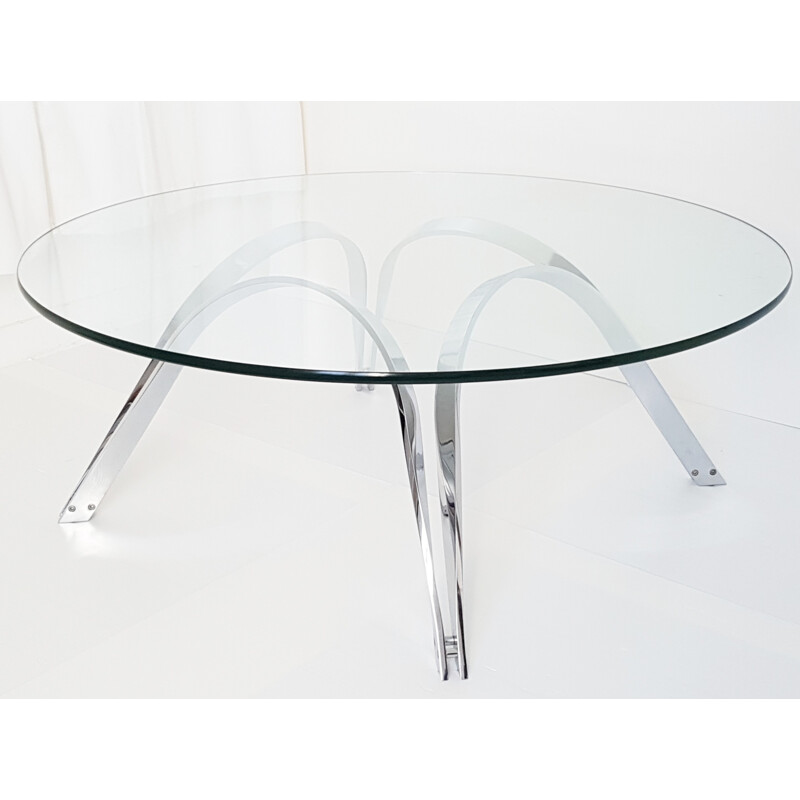  Dunbar round chromed steel and glass coffee table, Roger SPRUNGER - 1970s