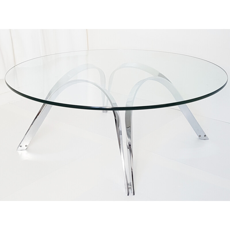 Table basse ronde Dunbar en acier chromé et en verre, Roger SPRUNGER - 1970