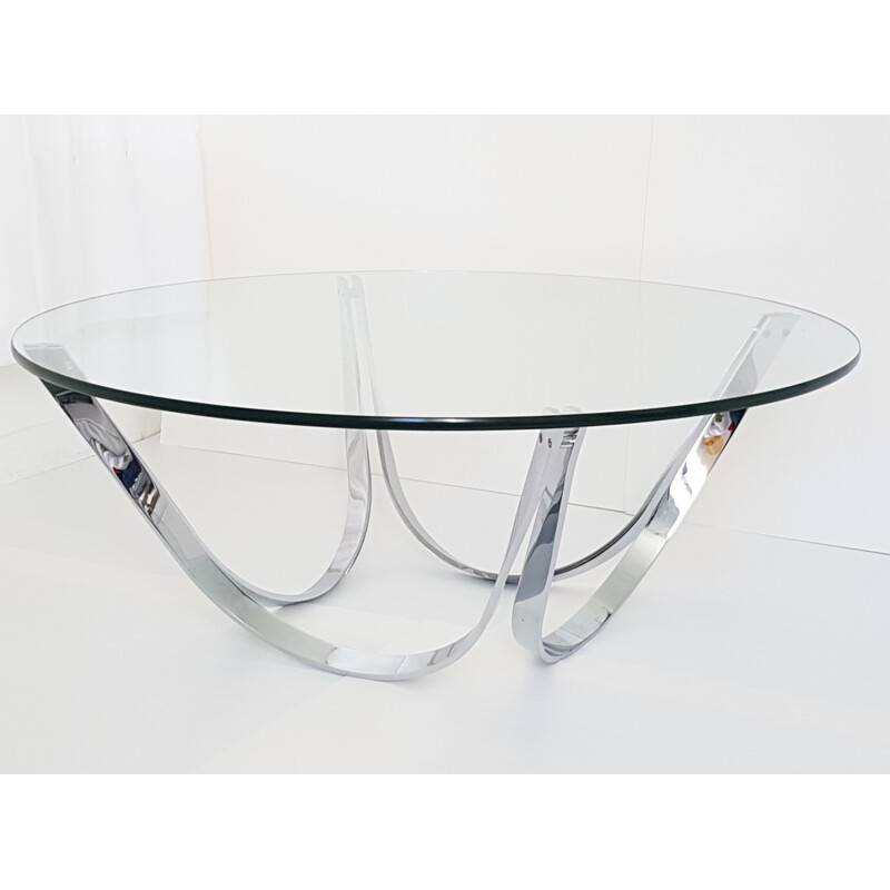 Table basse ronde Dunbar en acier chromé et en verre, Roger SPRUNGER - 1970