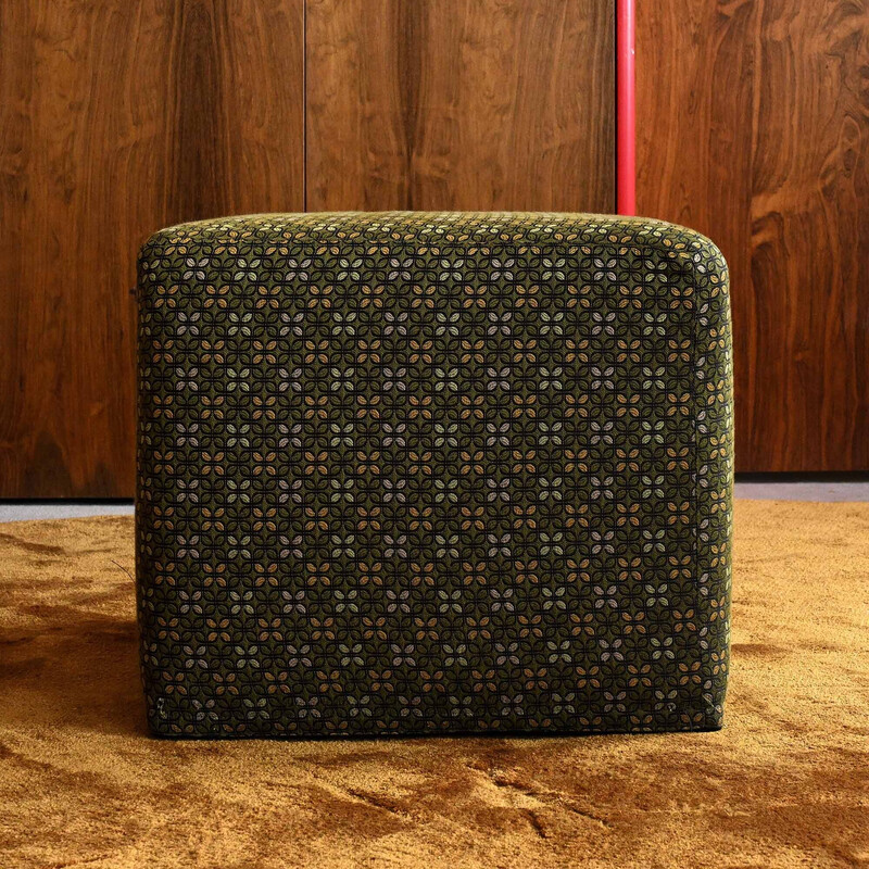 Vintage square footrest in gold and green fabric