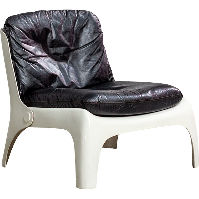 Vintage armchair in white fiberglass and leather, 1960