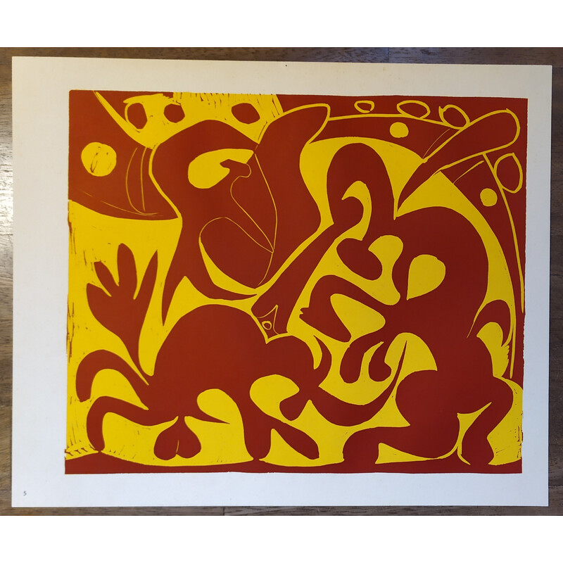 Linograbado vintage "Picador Goading Bull with Matador" de Pablo Picasso, 1962