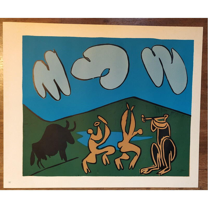 Vintage linoleumsnede "Bacchanaal met zwarte stier" door Pablo Picasso, 1962
