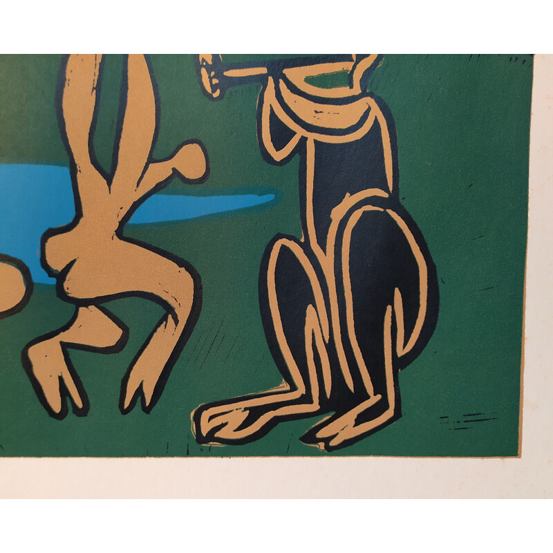 Vintage linocut "Bacchanal com Touro Preto" de Pablo Picasso, 1962