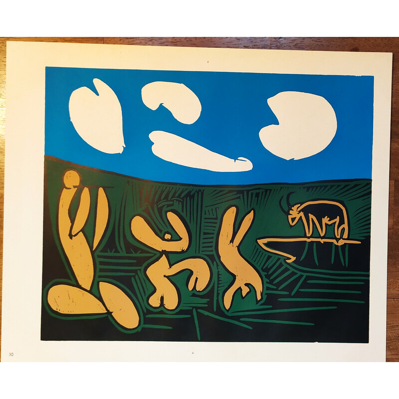 Linogravure vintage "Bacchanale aux quatre nuages" de Pablo Picasso, 1962