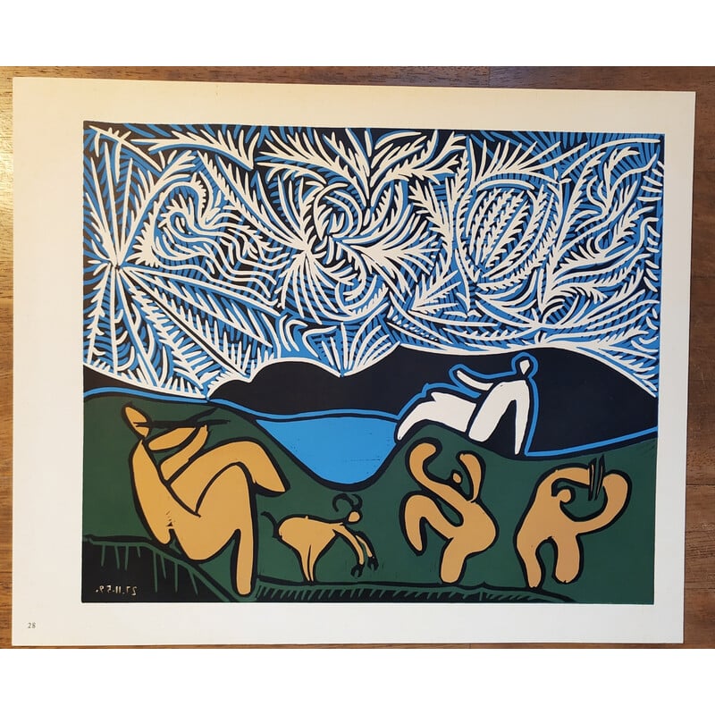 Linogravure vintage "Bacchanale avec chèvre" par Pablo Picasso, 1962