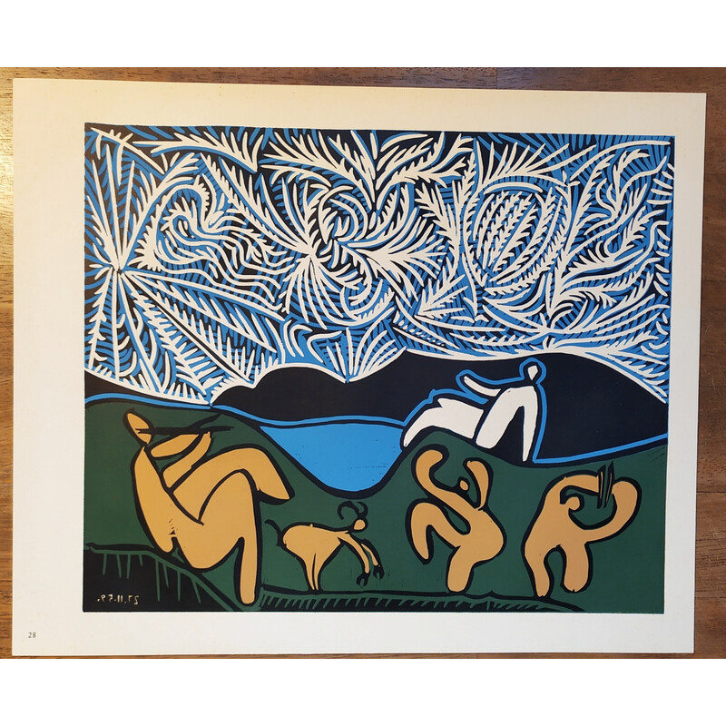Vintage linocut "Bacchanal with Goat" by Pablo Picasso, 1962