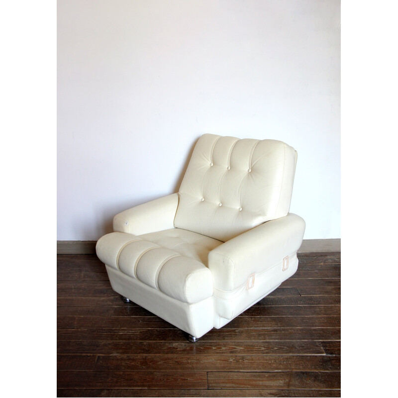 Vintage armchair in white cream skai, 1970