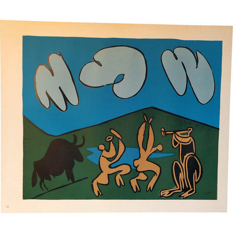 Alter Linolschnitt "Bacchanal mit schwarzem Stier" von Pablo Picasso, 1962