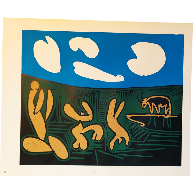 Vintage linoleumsnede "Bacchanaal met vier wolken" door Pablo Picasso, 1962