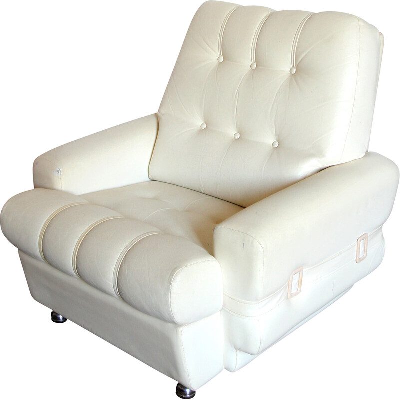 Vintage armchair in white cream skai, 1970
